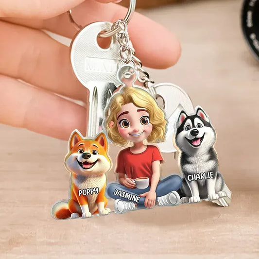 Acrylic Keychain with Pet & Owner Illustration, A Fun and Heartwarming Gift for Everyday Use