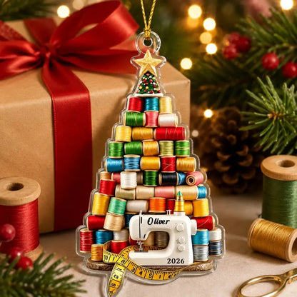 Custom Acrylic Sewing Thread Christmas Ornament - Personalized Holiday Gifts For Sewers & Quilters - Stitched With Christmas Cheer