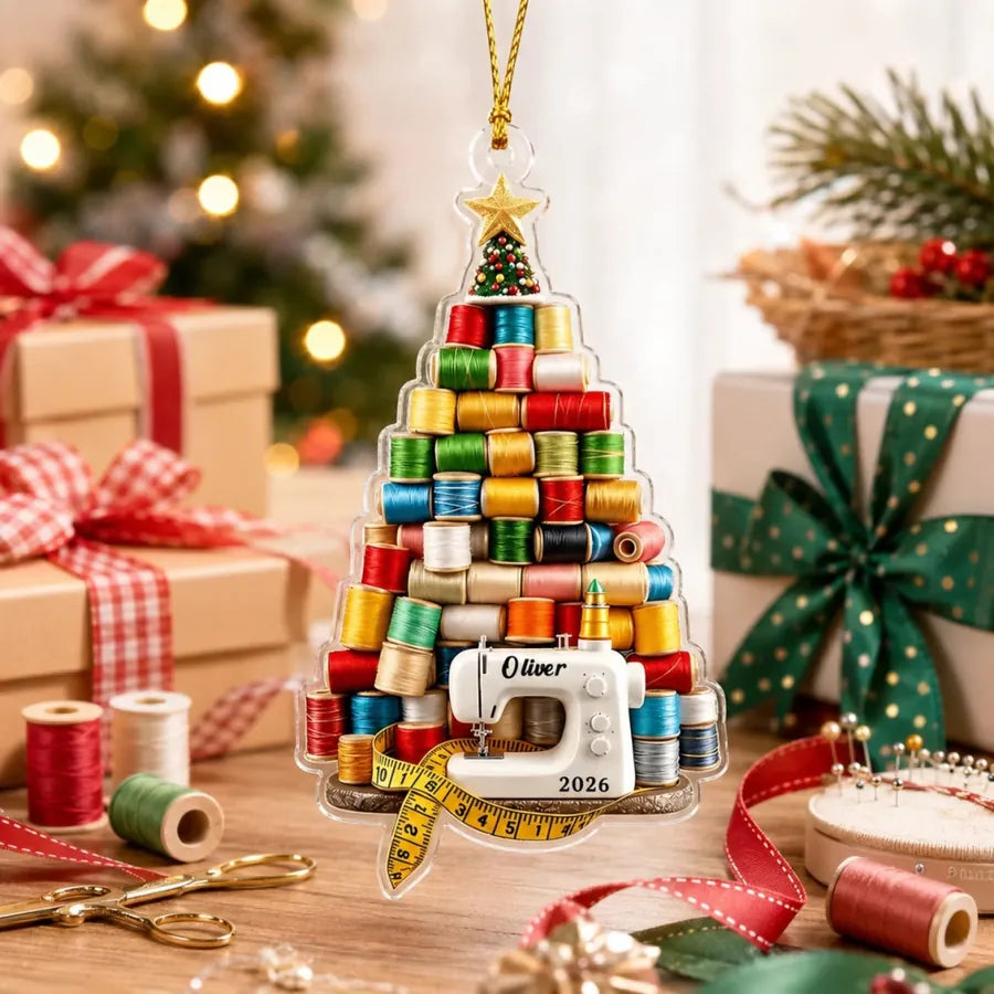 Custom Acrylic Sewing Thread Christmas Ornament - Personalized Holiday Gifts For Sewers & Quilters - Stitched With Christmas Cheer