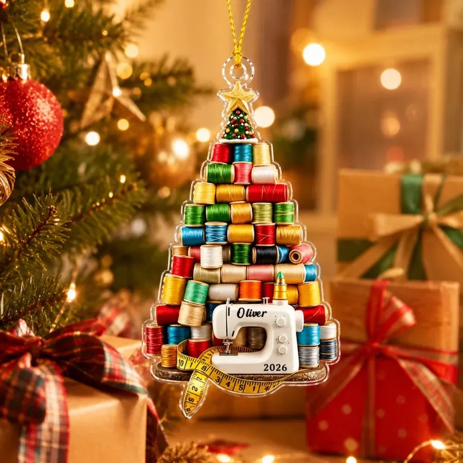 Custom Acrylic Sewing Thread Christmas Ornament - Personalized Holiday Gifts For Sewers & Quilters - Stitched With Christmas Cheer
