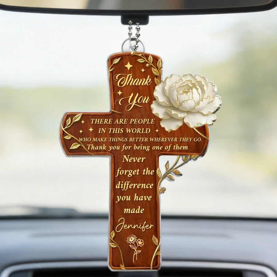 Acrylic Car Hanger Gratitude Cross With Flowers, Personalized Thank You Keepsake, Unique Appreciation Gift